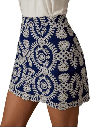 WDIRARA Women's Boho Tribal Print Scallop Trim Summer Zipper Bodycon Mini Skirt
