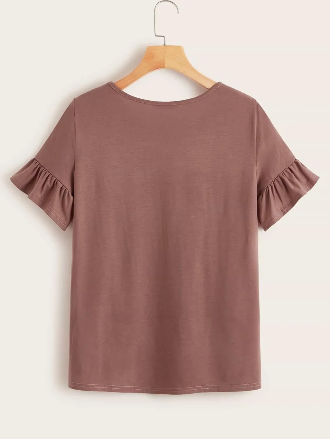WDIRARA Women's Casual Ruffle Sleeve Round Neck Solid Tee Shirt