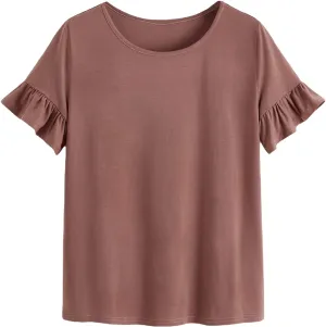 WDIRARA Women's Casual Ruffle Sleeve Round Neck Solid Tee Shirt