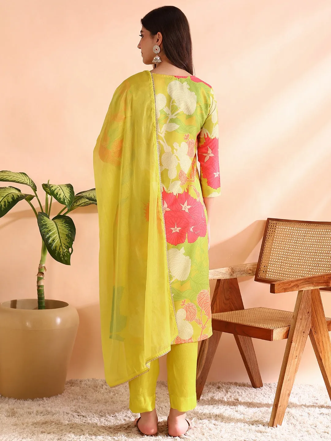 Women Yellow Rayon Blend Floral Printed Straight Kurta Trousers With Dupatta