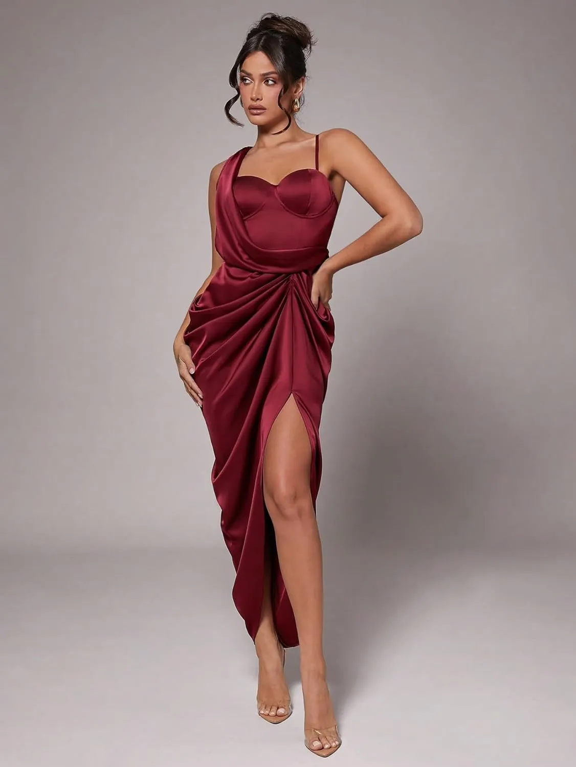 Women's 2025 Casual Cami Slip Dress Elegant Party Autumn and Winter Long Sleeve Solid Color Midi Dress