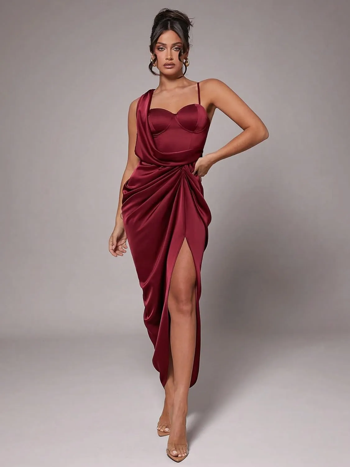 Women's 2025 Casual Cami Slip Dress Elegant Party Autumn and Winter Long Sleeve Solid Color Midi Dress