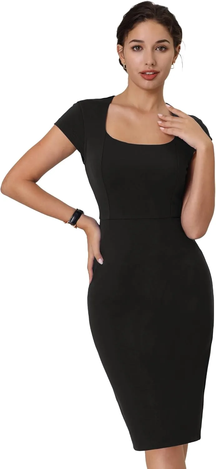 Women's Bodycon Pencil Dress Cap Sleeve Formal Work Knee Length Sheath Dresses