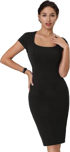 Women's Bodycon Pencil Dress Cap Sleeve Formal Work Knee Length Sheath Dresses
