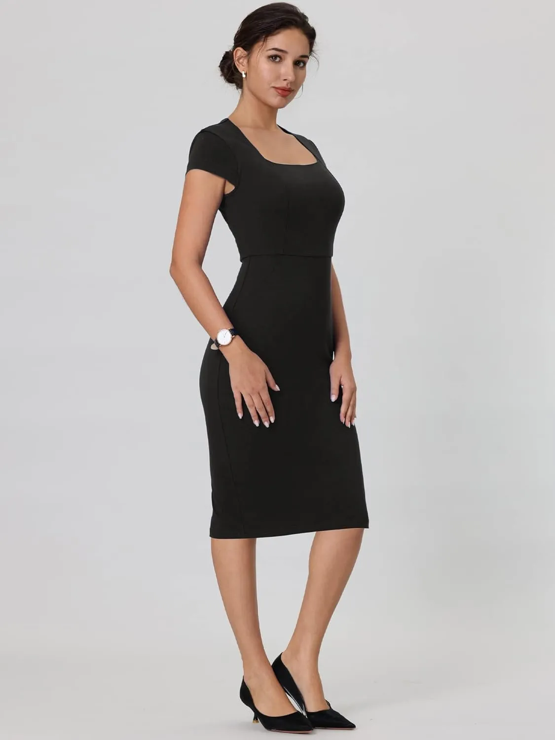 Women's Bodycon Pencil Dress Cap Sleeve Formal Work Knee Length Sheath Dresses
