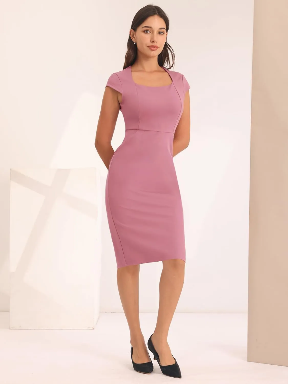 Women's Bodycon Pencil Dress Cap Sleeve Formal Work Knee Length Sheath Dresses
