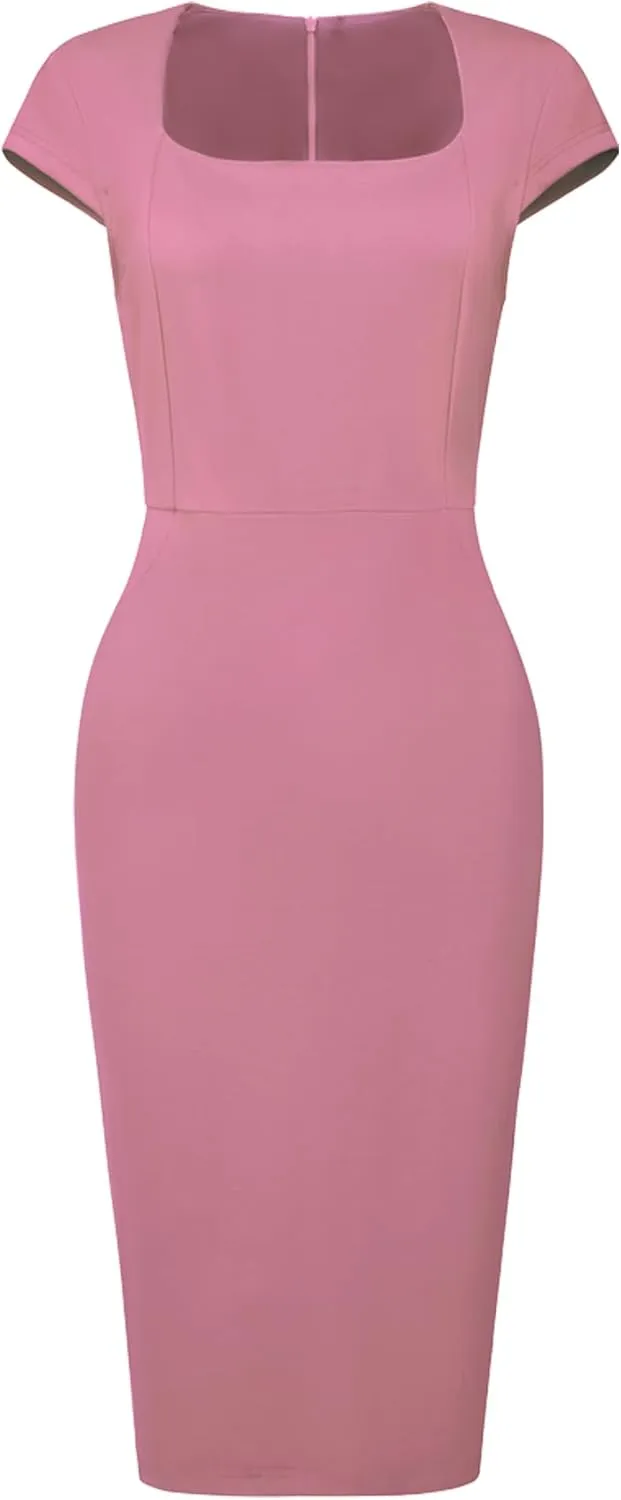 Women's Bodycon Pencil Dress Cap Sleeve Formal Work Knee Length Sheath Dresses