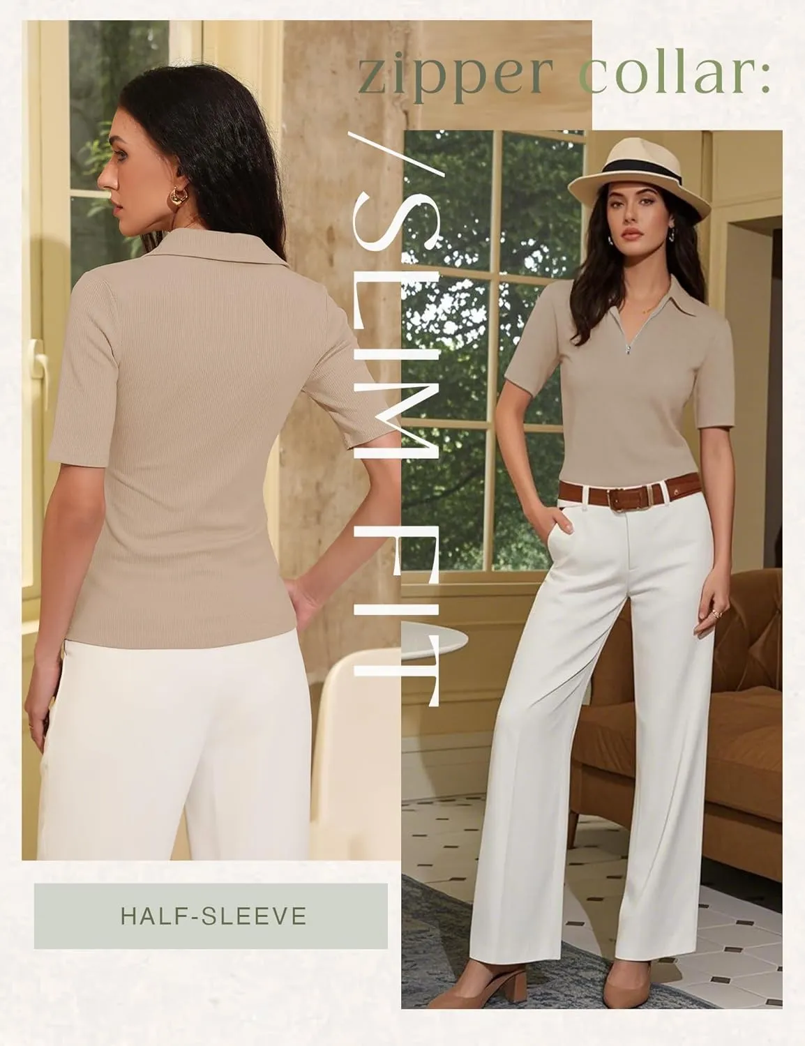 Women's Half Sleeve Top 2025 Summer Elegant V Neck Zipper Collared Work Shirts Slim Fitted Dressy Blouses