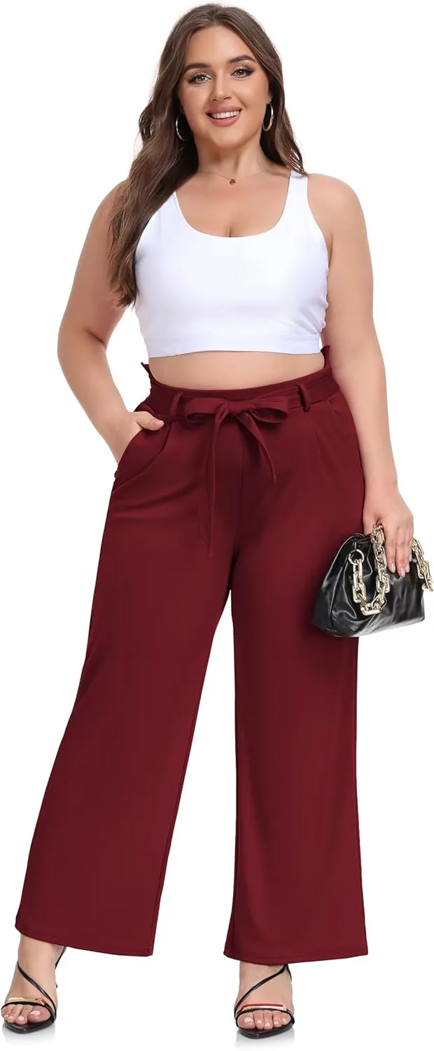 ZERDOCEAN Women's Plus Size Wide Leg Pants High Waisted Self-tie Belted Lounge Pants Trousers with Pockets