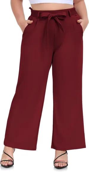 ZERDOCEAN Women's Plus Size Wide Leg Pants High Waisted Self-tie Belted Lounge Pants Trousers with Pockets