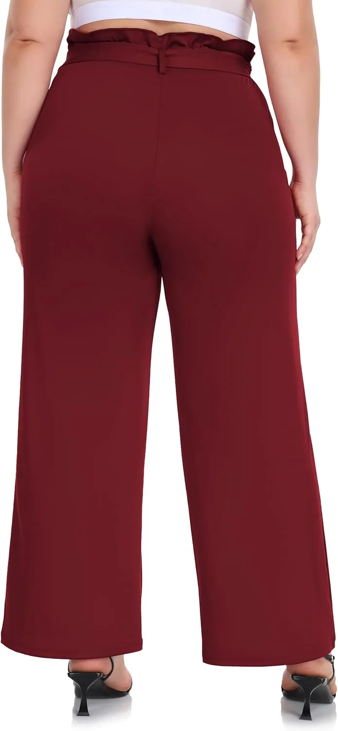 ZERDOCEAN Women's Plus Size Wide Leg Pants High Waisted Self-tie Belted Lounge Pants Trousers with Pockets