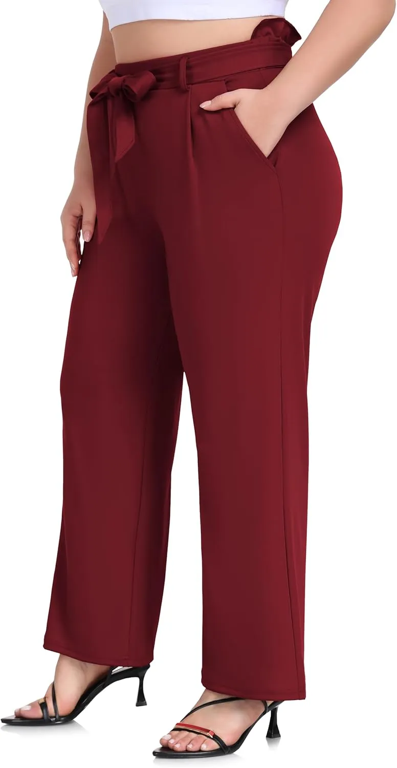 ZERDOCEAN Women's Plus Size Wide Leg Pants High Waisted Self-tie Belted Lounge Pants Trousers with Pockets