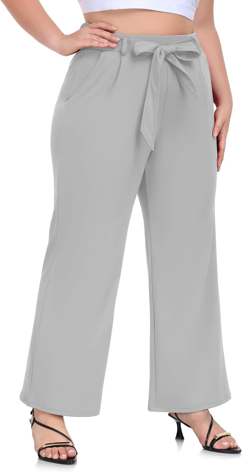 ZERDOCEAN Women's Plus Size Wide Leg Pants High Waisted Self-tie Belted Lounge Pants Trousers with Pockets