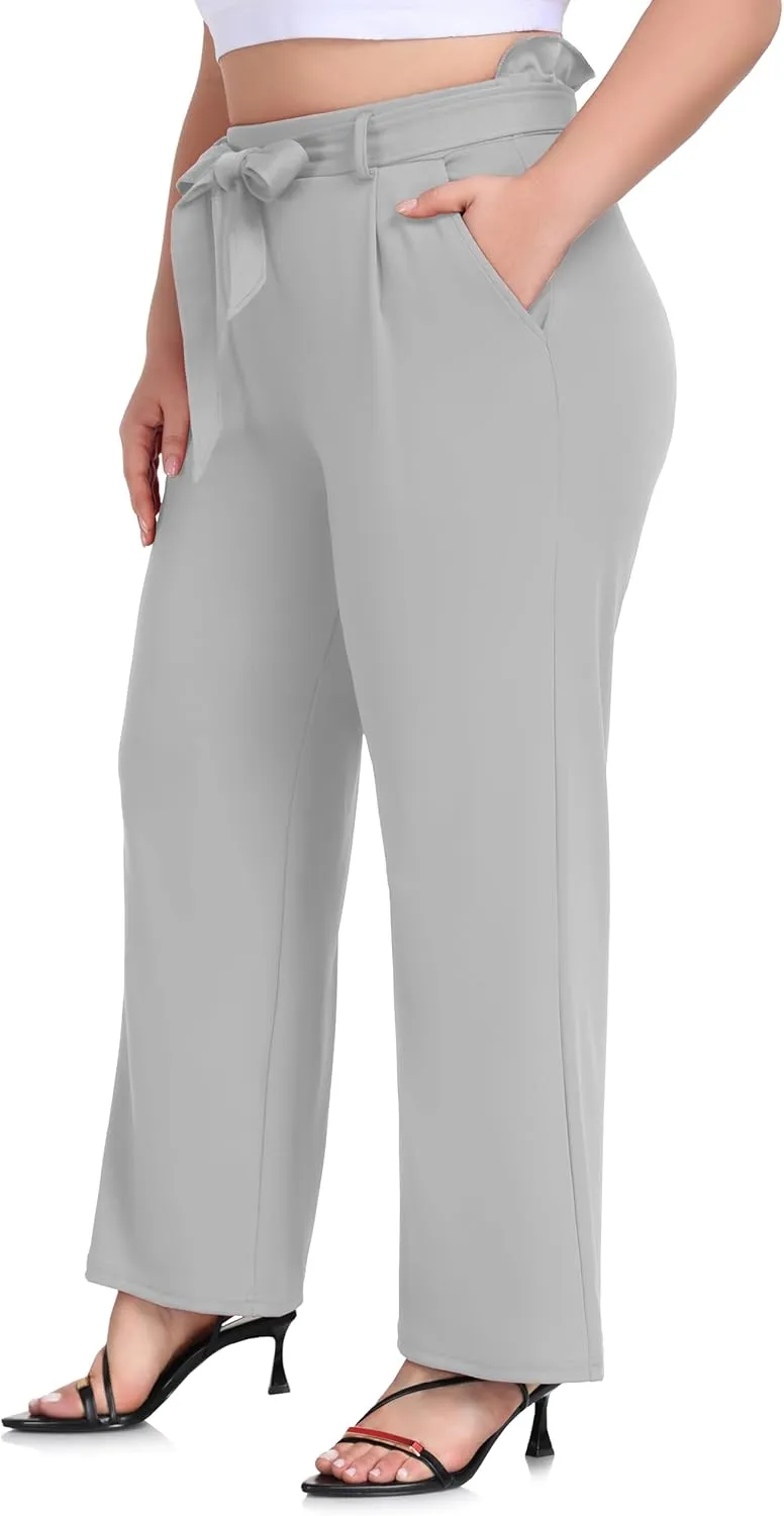 ZERDOCEAN Women's Plus Size Wide Leg Pants High Waisted Self-tie Belted Lounge Pants Trousers with Pockets