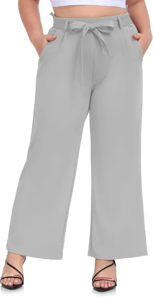 ZERDOCEAN Women's Plus Size Wide Leg Pants High Waisted Self-tie Belted Lounge Pants Trousers with Pockets