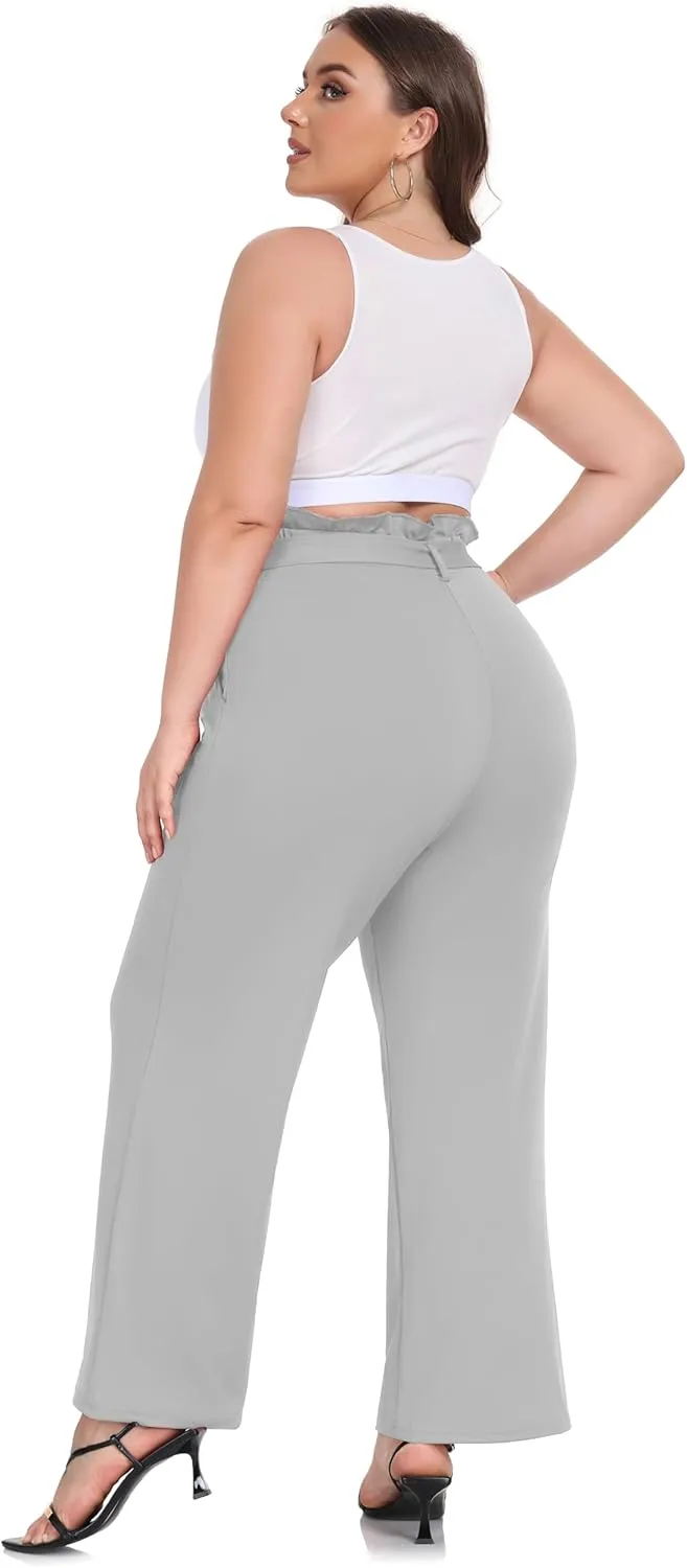 ZERDOCEAN Women's Plus Size Wide Leg Pants High Waisted Self-tie Belted Lounge Pants Trousers with Pockets