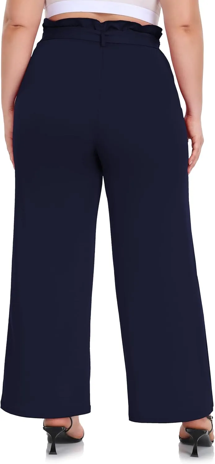 ZERDOCEAN Women's Plus Size Wide Leg Pants High Waisted Self-tie Belted Lounge Pants Trousers with Pockets