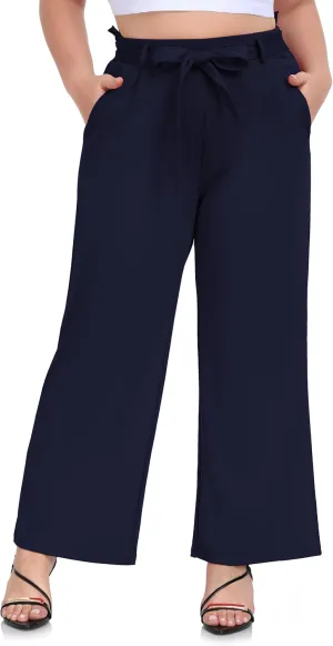 ZERDOCEAN Women's Plus Size Wide Leg Pants High Waisted Self-tie Belted Lounge Pants Trousers with Pockets