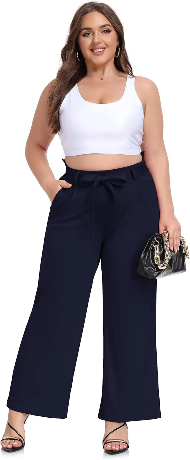 ZERDOCEAN Women's Plus Size Wide Leg Pants High Waisted Self-tie Belted Lounge Pants Trousers with Pockets