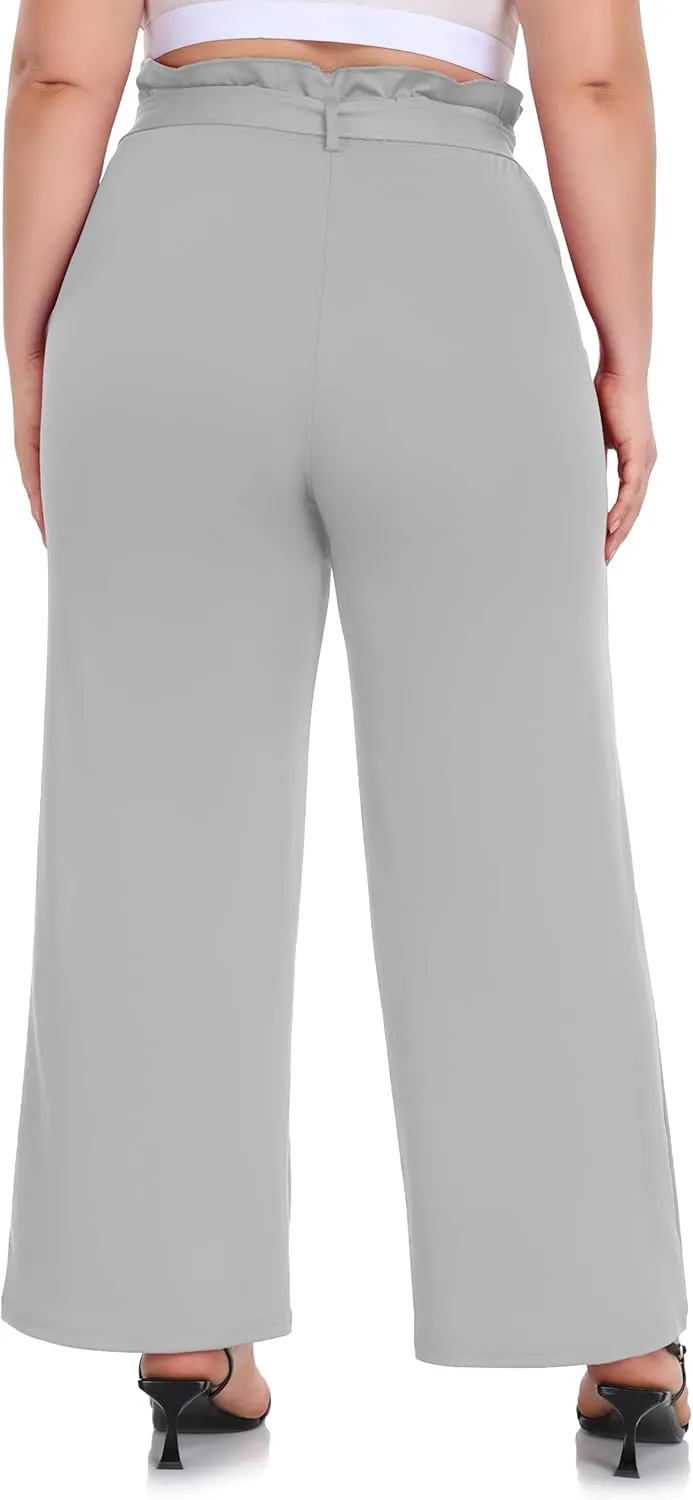 ZERDOCEAN Women's Plus Size Wide Leg Pants High Waisted Self-tie Belted Lounge Pants Trousers with Pockets