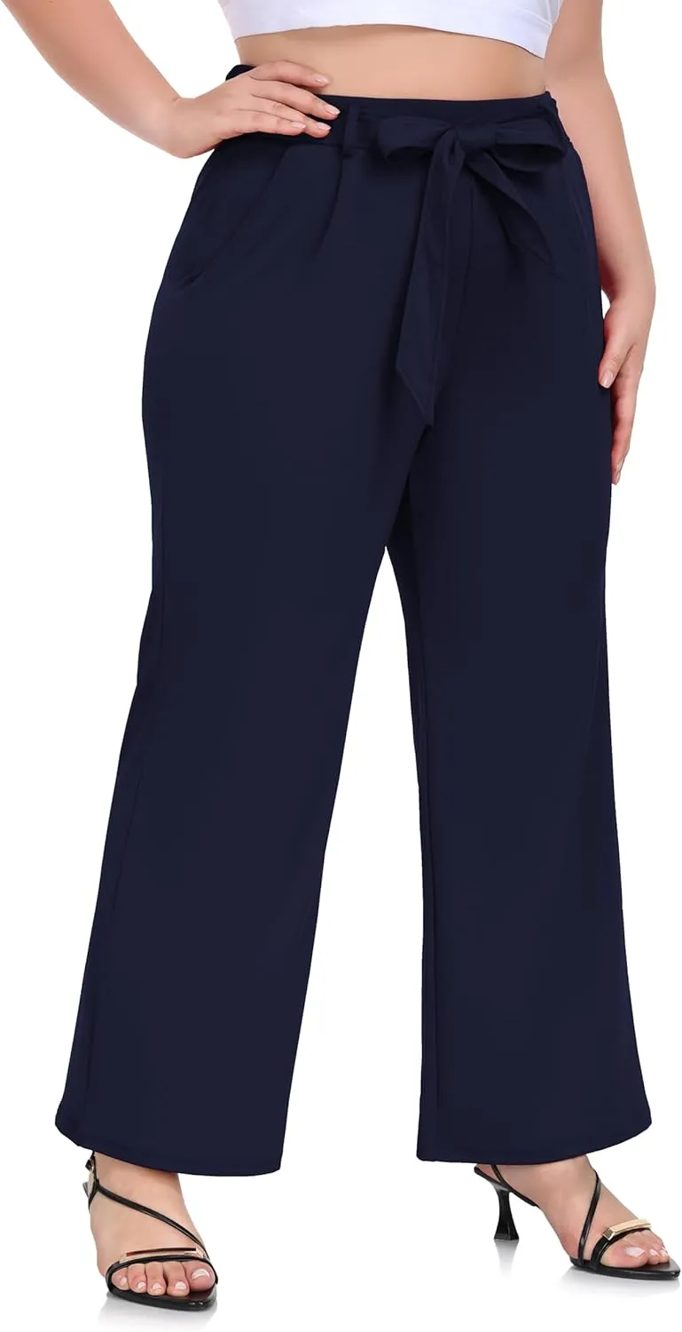 ZERDOCEAN Women's Plus Size Wide Leg Pants High Waisted Self-tie Belted Lounge Pants Trousers with Pockets