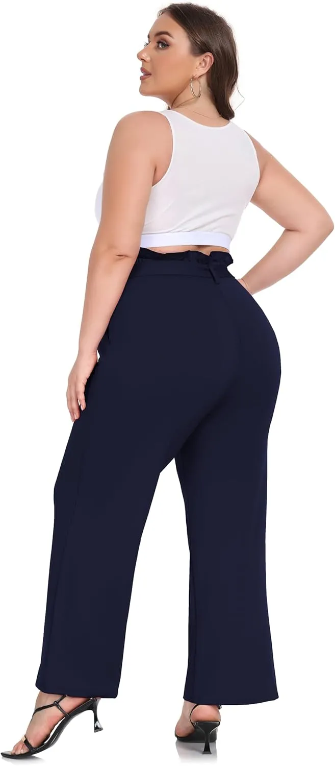 ZERDOCEAN Women's Plus Size Wide Leg Pants High Waisted Self-tie Belted Lounge Pants Trousers with Pockets