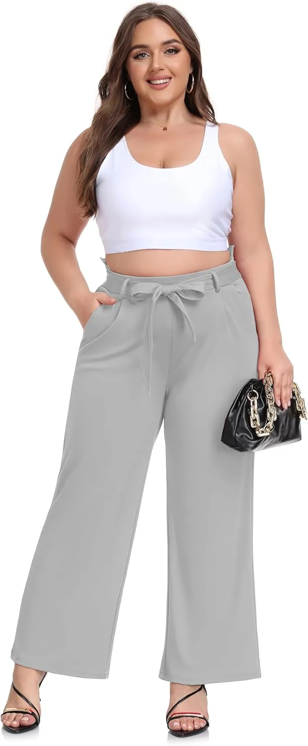ZERDOCEAN Women's Plus Size Wide Leg Pants High Waisted Self-tie Belted Lounge Pants Trousers with Pockets