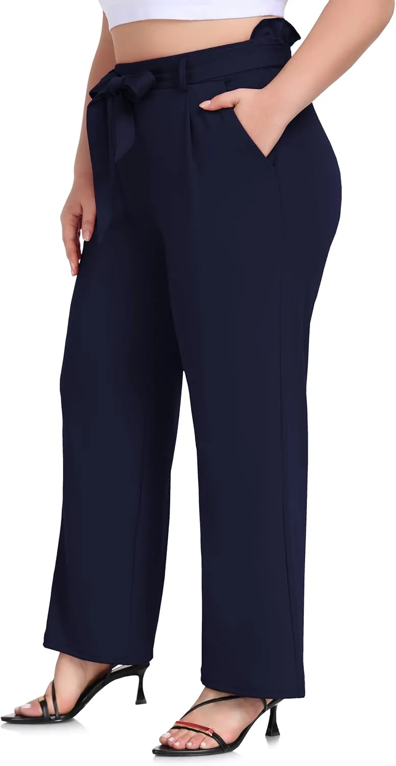 ZERDOCEAN Women's Plus Size Wide Leg Pants High Waisted Self-tie Belted Lounge Pants Trousers with Pockets