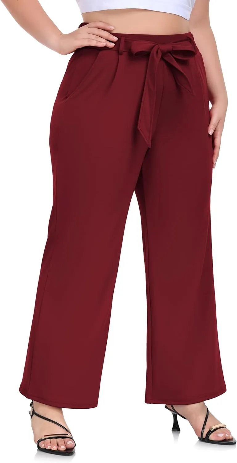 ZERDOCEAN Women's Plus Size Wide Leg Pants High Waisted Self-tie Belted Lounge Pants Trousers with Pockets